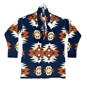 Lucky Brand Women Aztec Print Open Front Cardigan Sweater Navy Multicolor L NWT